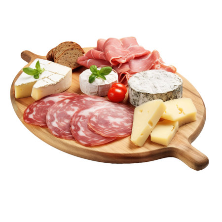 Gourmet cold-cut platter over wooden tray. White transparent backgroundの素材