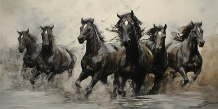 Oil painting style illustration of wild black horses runningの素材