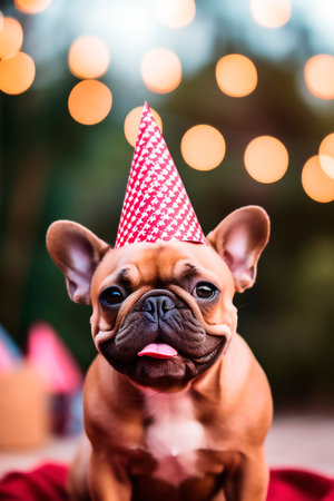 Cute French bulldog wearing party hat in outdoors for Birthday celebrationの素材
