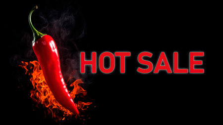Hot sale banner with red chili pepper on fire over black backgroundの素材