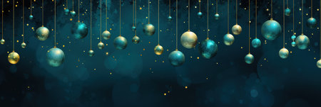 Hanging Christmas balls in green and blue tones. Banner for copy space and advertisementの素材