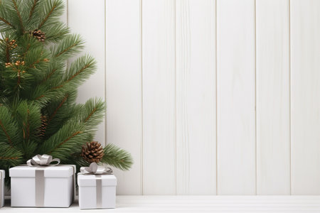 Minimalist Christmas banner with pine tree and gift boxes over white wooden background for copy spaceの素材
