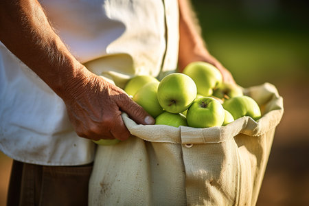 Close up shot of man hands holding harvesting bag full of green organic applesの素材