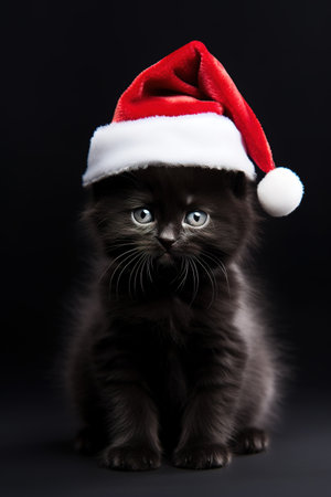 Adorable black kitten posing with Santa's hat over dark background. vertical shotの素材