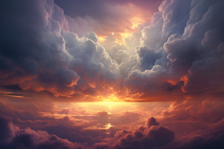 Stunning sly background with sun coming among fluffy cloudsの素材