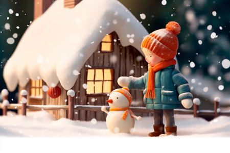 Cartoon character of boy building snowman under snow Christmas dayの素材