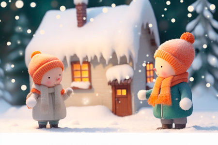 Cartoon 3d illustration of two little persons playing in the snow during Christmastimeの素材
