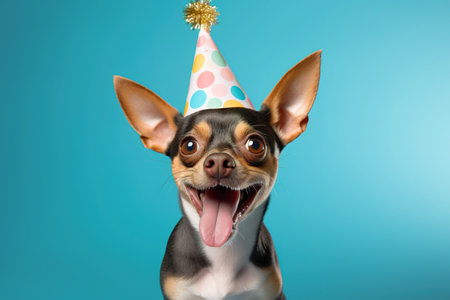 Funny chihuahua dog wearing party hat over blue studio shot backgroundの素材