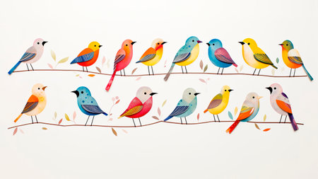 Many colorful birds posing on tree branch over white background. Flat design illustrationの素材