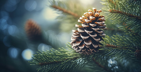 Pinecone close up shot on pine tree. Christmastime conceptの素材