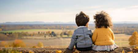 Back view of two toddlers sitting on a dry trunk looking at beautiful autumnal landscapeの素材