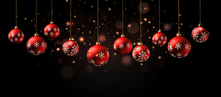 Red Christmas ornamental balls hanging over dark background with copy space for textの素材