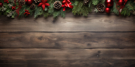 Dark Wooden background with Christmas wreaths and copy space for text or advertisementの素材