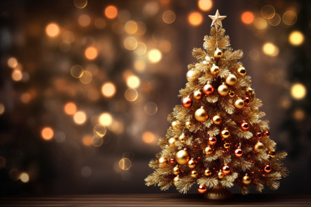 Golden Christmas tree over wooden surface with copy space and bokeh lights as backgroundの素材