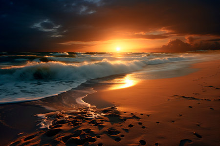Epic sunrise on the beach after storm. Low angle view in golden sanの素材