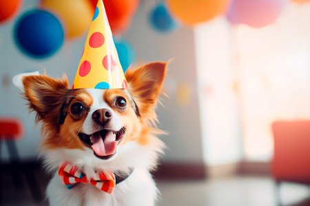 Adorable and happy Long-Haired Chihuahua wearing party hat celebrating his Birthdayの素材
