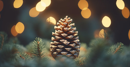 Pine cone over tree with bokeh lights as background. christmas conceptual backgroundの素材