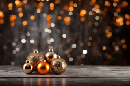 Gold ornamental balls over bokeh lights and shine background with copy spaceの素材