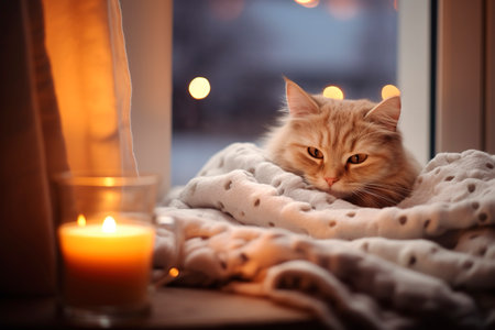 Adorable tabby cat resting in warm cozy environment on a cold winter afternoonの素材