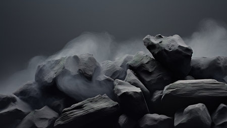 Close up shot of pile of charcoal with smoke over dark backgroundの素材