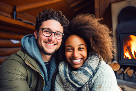 Lovely multi ethnic couple enjoying winter holidays inside cozy mountain cabinの素材