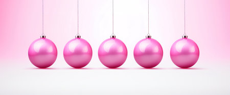 Pink Christmas balls on a line over soft pink backgroundの素材