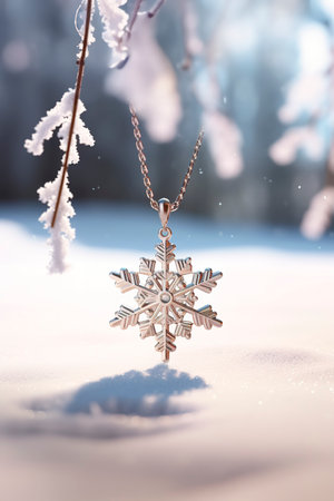 Snowflake shape necklace pendant. Snowy landscape as backgroundの素材