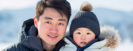 Asian single father portrait with his baby boy in the snowの素材