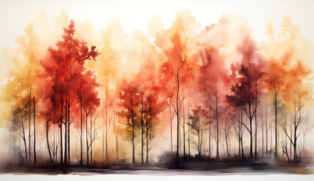 Watercolor style illustration of autumn forestの素材