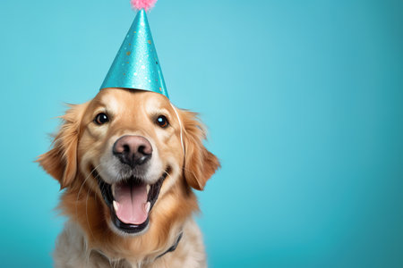 Golden retriever headshot wearing party hat over light blue studio shot background with copy spaceの素材