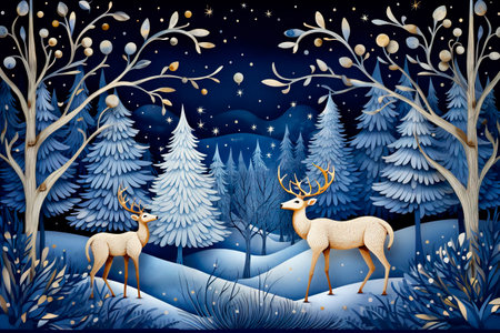 Christmas illustration banner with reindeers in the forestの素材