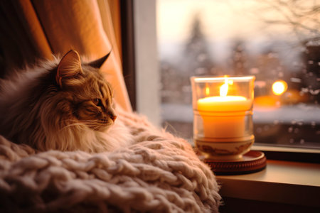 Cozy scene of domestic cat resting by the window on a cold winter dayの素材