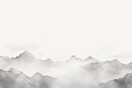 Watercolor mountain range in light gray tones over white background with copy spaceの素材