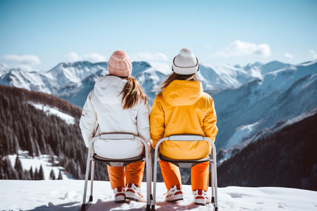 Back view of two female friends sitting on a chair at top of snowy peak mountainの素材