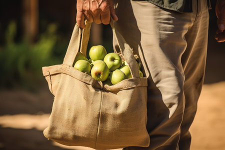 Hands of unrecognizable holding burlap bag full of green applesの素材
