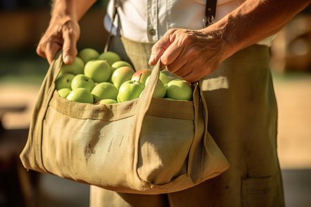 Man hands close up holding green apples on burlap bags. Close up shot of unrecognizable personの素材