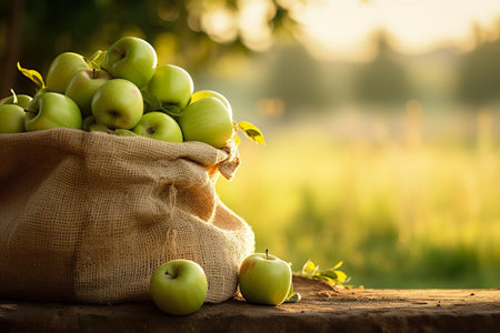 Burlap bag with organic green apples with copy space in outdoorsの素材