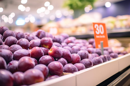 Close up shot of plums on a pile in supermarket standの素材