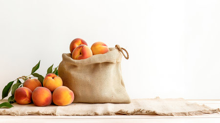 Organic peaches in burlap bags with white background and copy spaceの素材