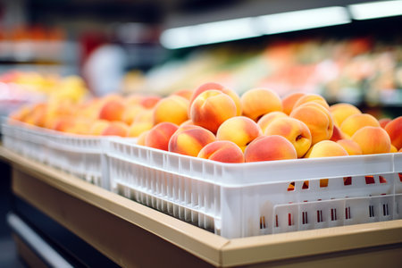 Close up shot of peaches stacked in supermarket shelvesの素材