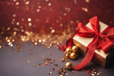 Close up shot of golden Christmas gift box. Blurred background with copy spaceの素材