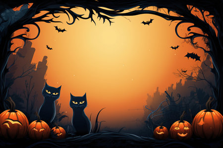 Halloween cartoon banner with cute black cats in the forest with copy space in the middleの素材