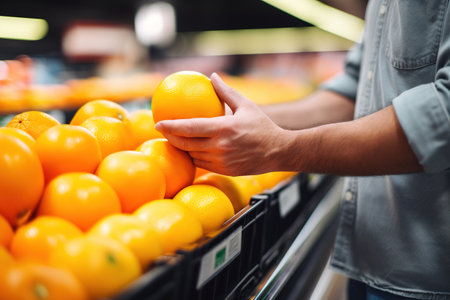 Costumer handing fresh organic oranges form supermarket shelvesの素材