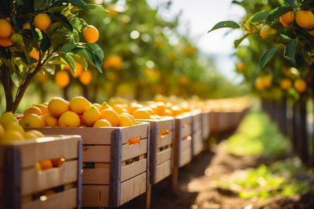 Wooden bins in orchard field full of fresh organic orangesの素材