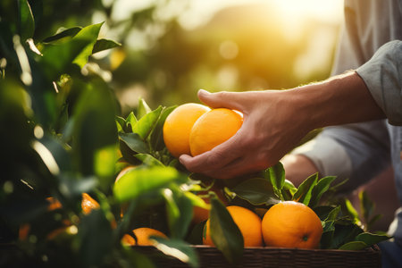 Hands picking oranges from tree branch. Close up shotの素材