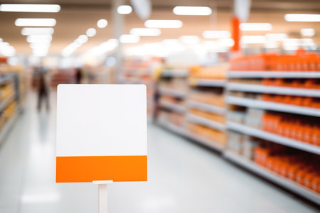 White banner in blank in supermarket hall with copy space for promotion, offer, advertisementの素材