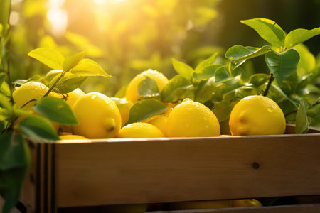 Fresh lemons after picking placed in wooden bin in orchard. Horticultural, agricultural industry conceptの素材