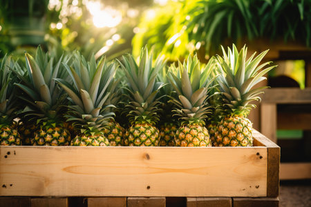 Pineapples in wooden box after picking seasonの素材