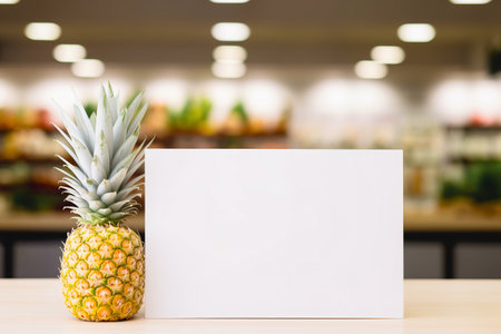 Pineapple offer with blank banner for copy space. Supermarket blurred backgroundの素材