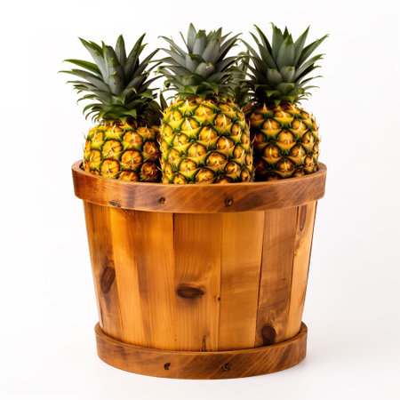 Wooden box with pineapples over white backgroundの素材
